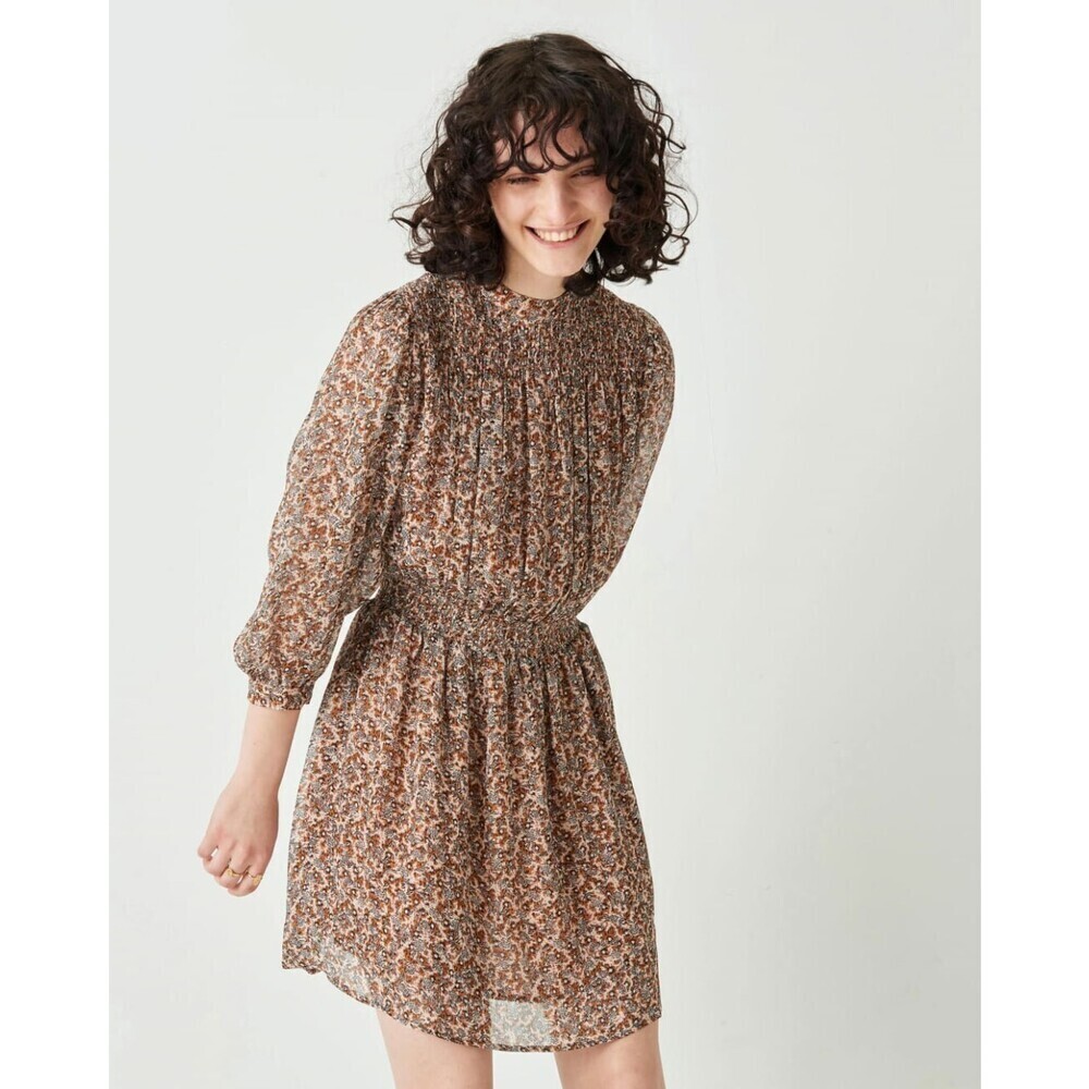 Sessun women's Viscose Short Smocked Mini Dress Beige Floral Print Size S $600